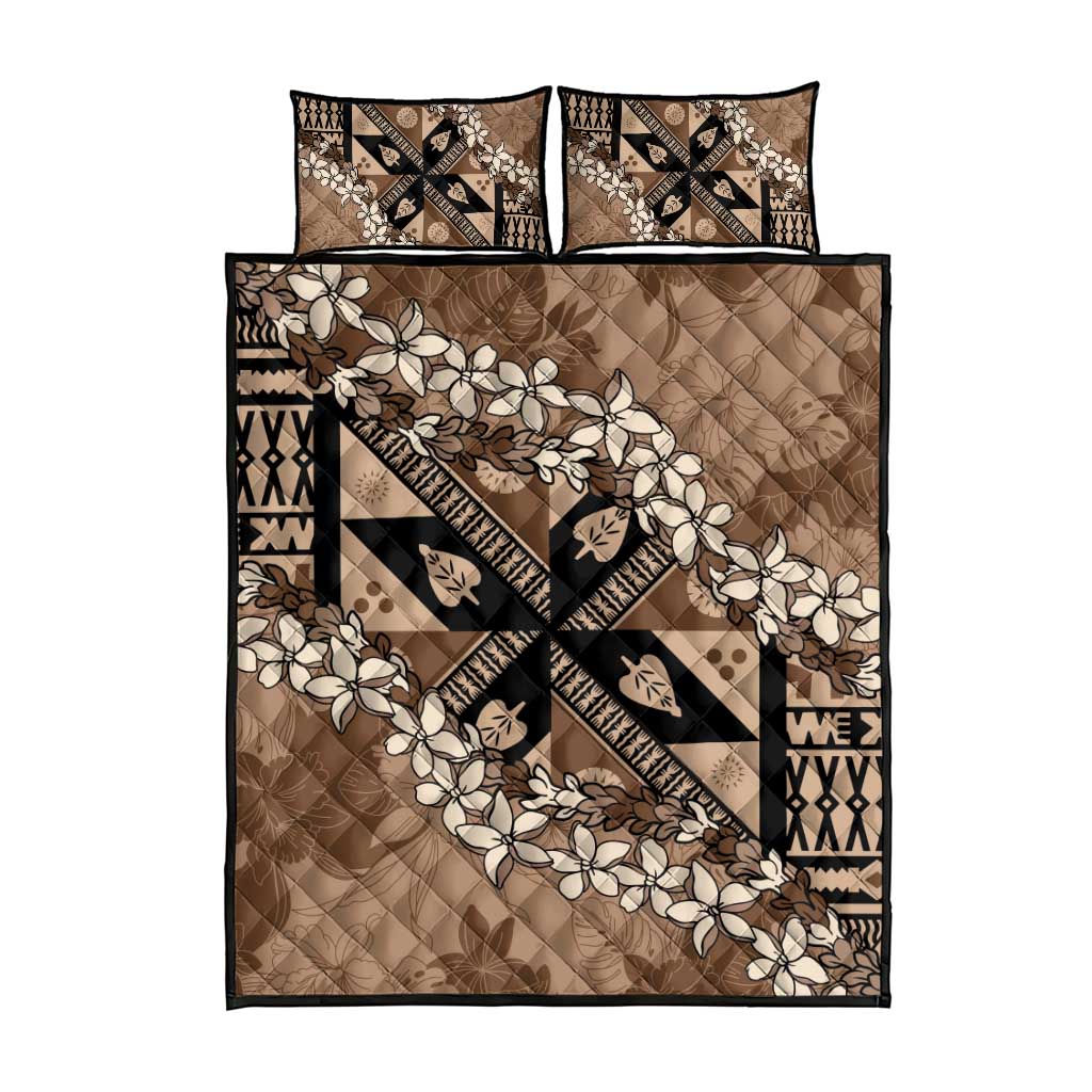 Bula Fiji Plumeria Tagimoucia Salusalu Mocha Quilt Bed Set Kaiviti Masi LT7 - Polynesian Pride