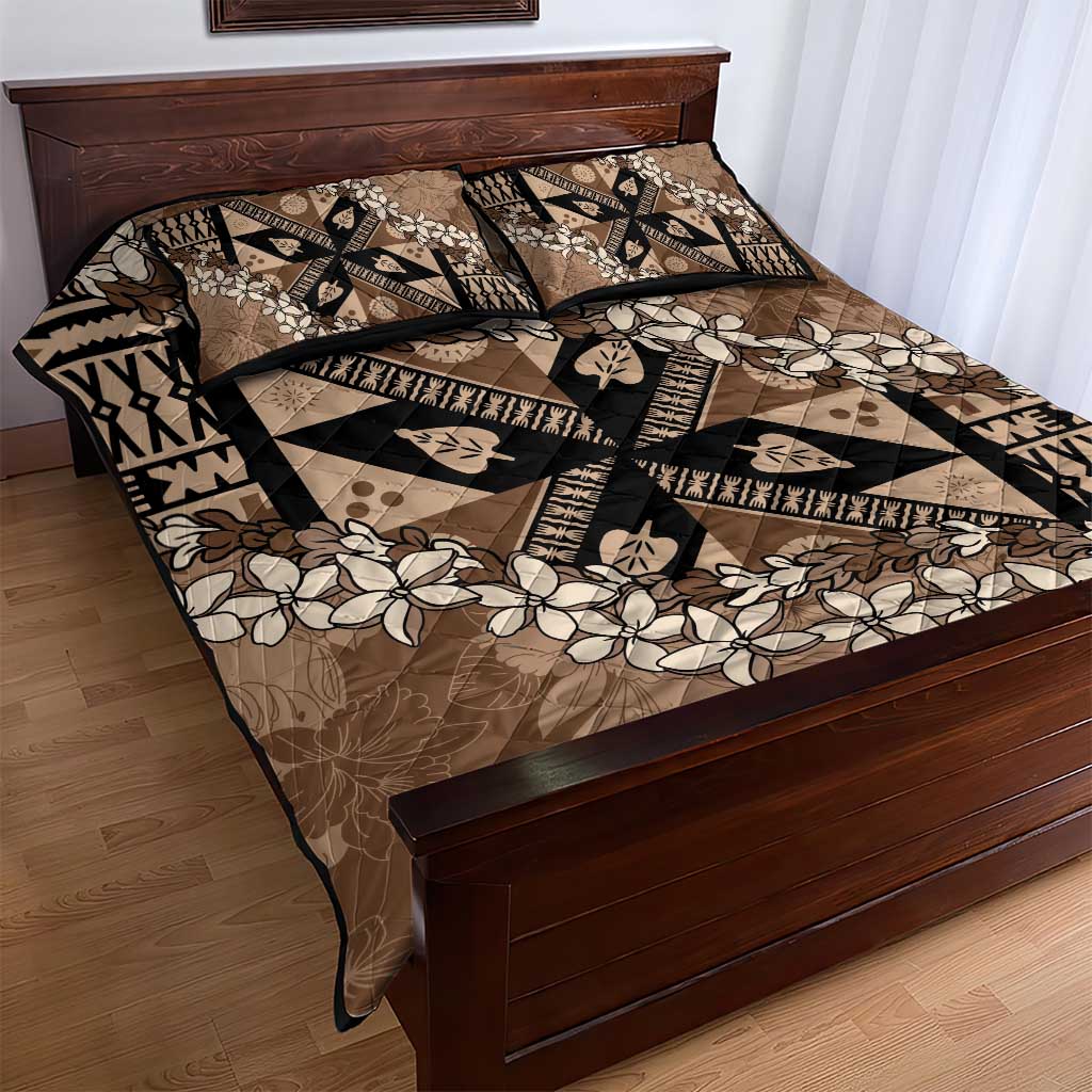 Bula Fiji Plumeria Tagimoucia Salusalu Mocha Quilt Bed Set Kaiviti Masi LT7 - Polynesian Pride