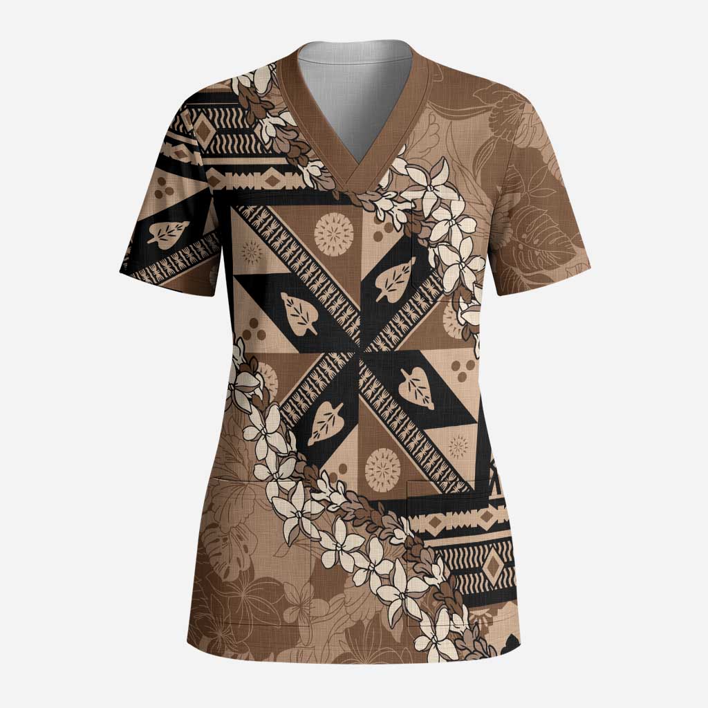 Bula Fiji Plumeria Tagimoucia Salusalu Mocha Scrub Top Kaiviti Masi - Polynesian Pride