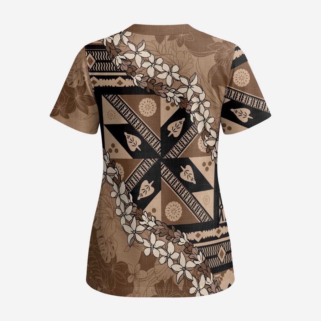 Bula Fiji Plumeria Tagimoucia Salusalu Mocha Scrub Top Kaiviti Masi LT7 - Polynesian Pride