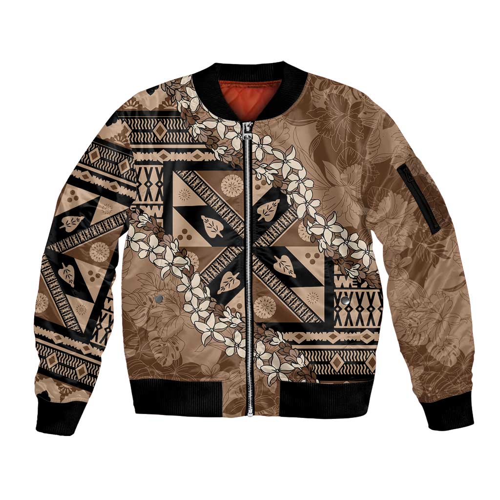 Bula Fiji Plumeria Tagimoucia Salusalu Mocha Sleeve Zip Bomber Jacket Kaiviti Masi LT7 Unisex Mocha - Polynesian Pride