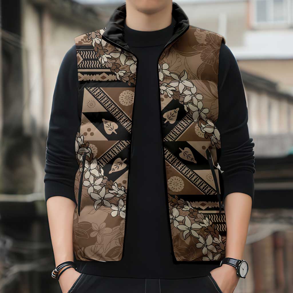 Bula Fiji Plumeria Tagimoucia Salusalu Mocha Sleeveless Puffer Jacket Kaiviti Masi LT7 - Polynesian Pride