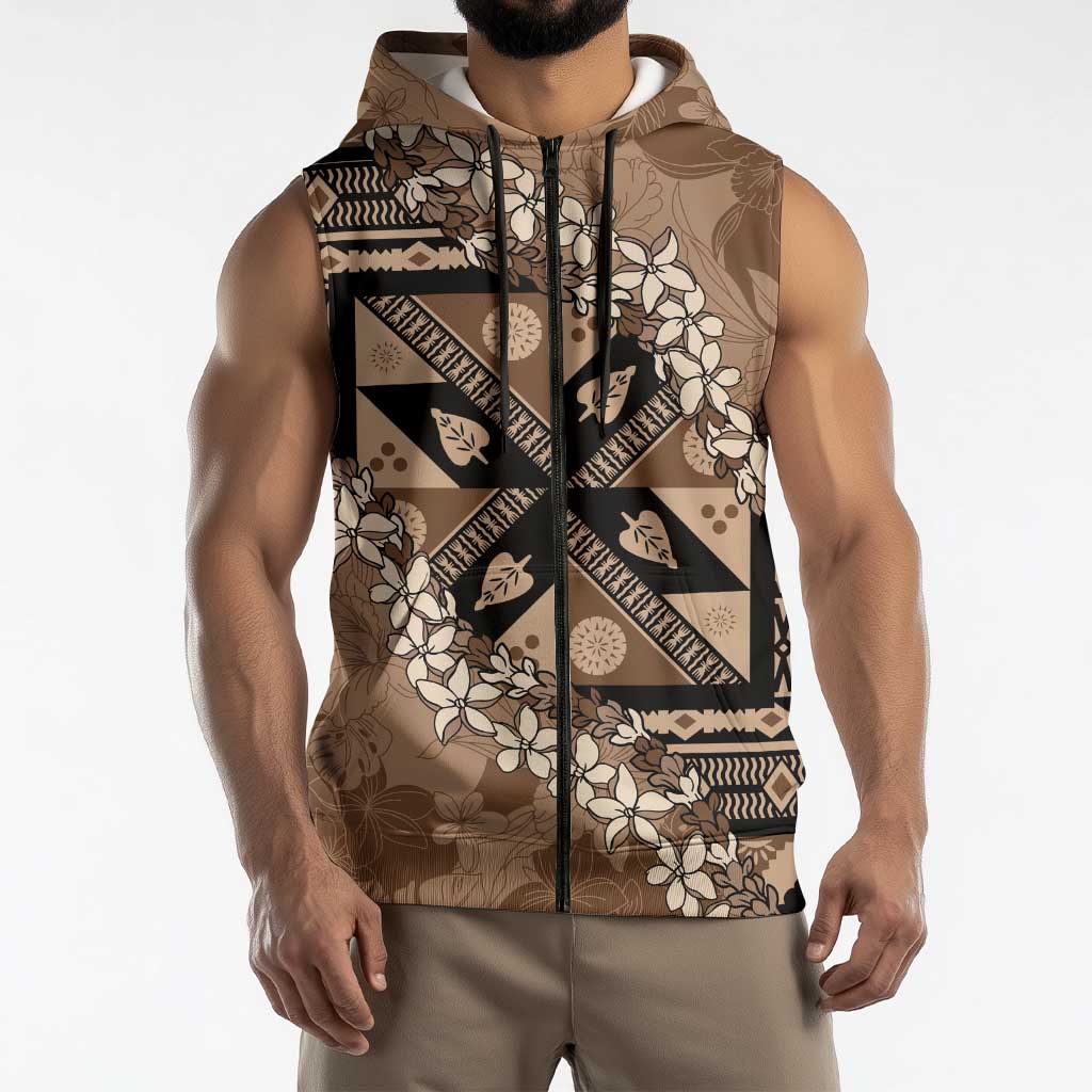 Bula Fiji Plumeria Tagimoucia Salusalu Mocha Sleeveless Zip Hoodie Kaiviti Masi LT7 - Polynesian Pride