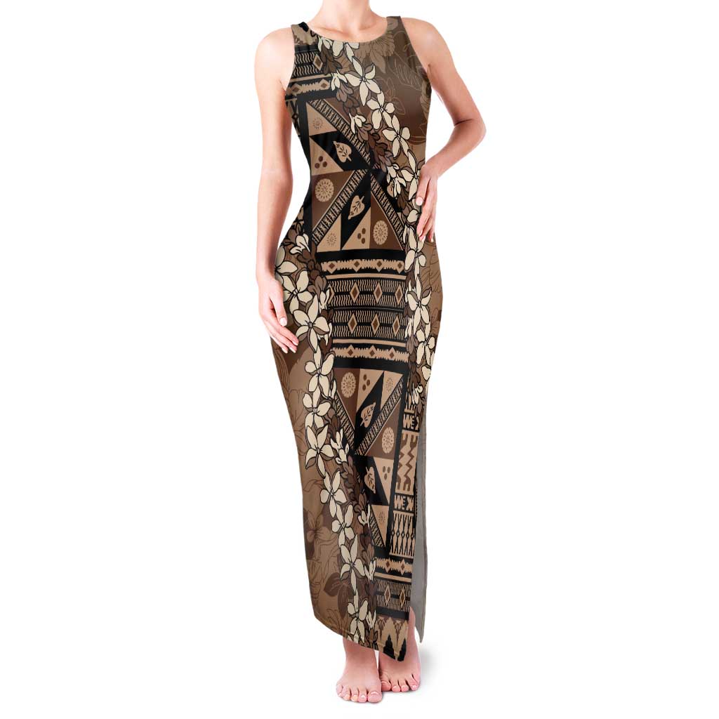 Bula Fiji Plumeria Tagimoucia Salusalu Mocha Tank Maxi Dress Kaiviti Masi LT7 Women Mocha - Polynesian Pride