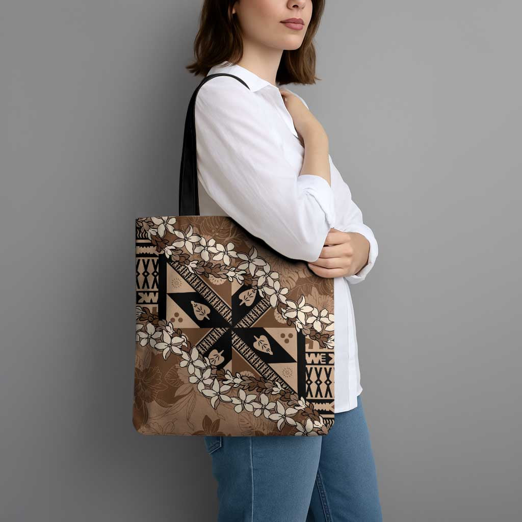 Bula Fiji Plumeria Tagimoucia Salusalu Mocha Tote Bag Kaiviti Masi LT7 - Polynesian Pride