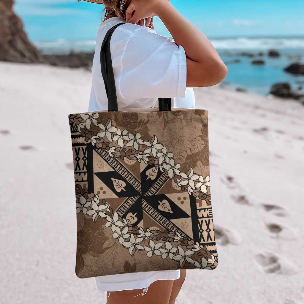 Bula Fiji Plumeria Tagimoucia Salusalu Mocha Tote Bag Kaiviti Masi LT7 - Polynesian Pride