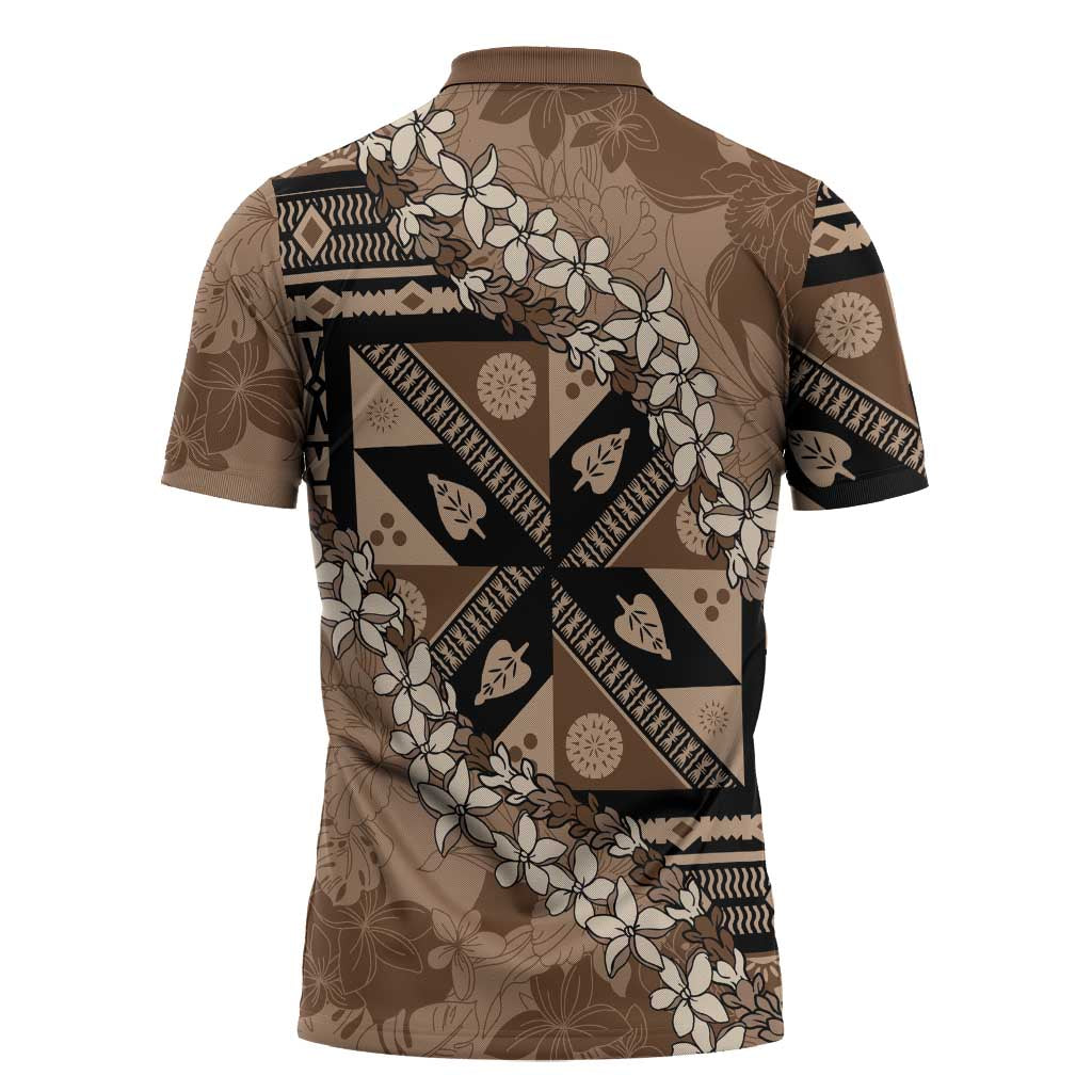 Bula Fiji Plumeria Tagimoucia Salusalu Mocha Zipper Polo Shirt Kaiviti Masi LT7 - Polynesian Pride