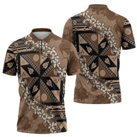 Bula Fiji Plumeria Tagimoucia Salusalu Mocha Zipper Polo Shirt Kaiviti Masi LT7 - Polynesian Pride