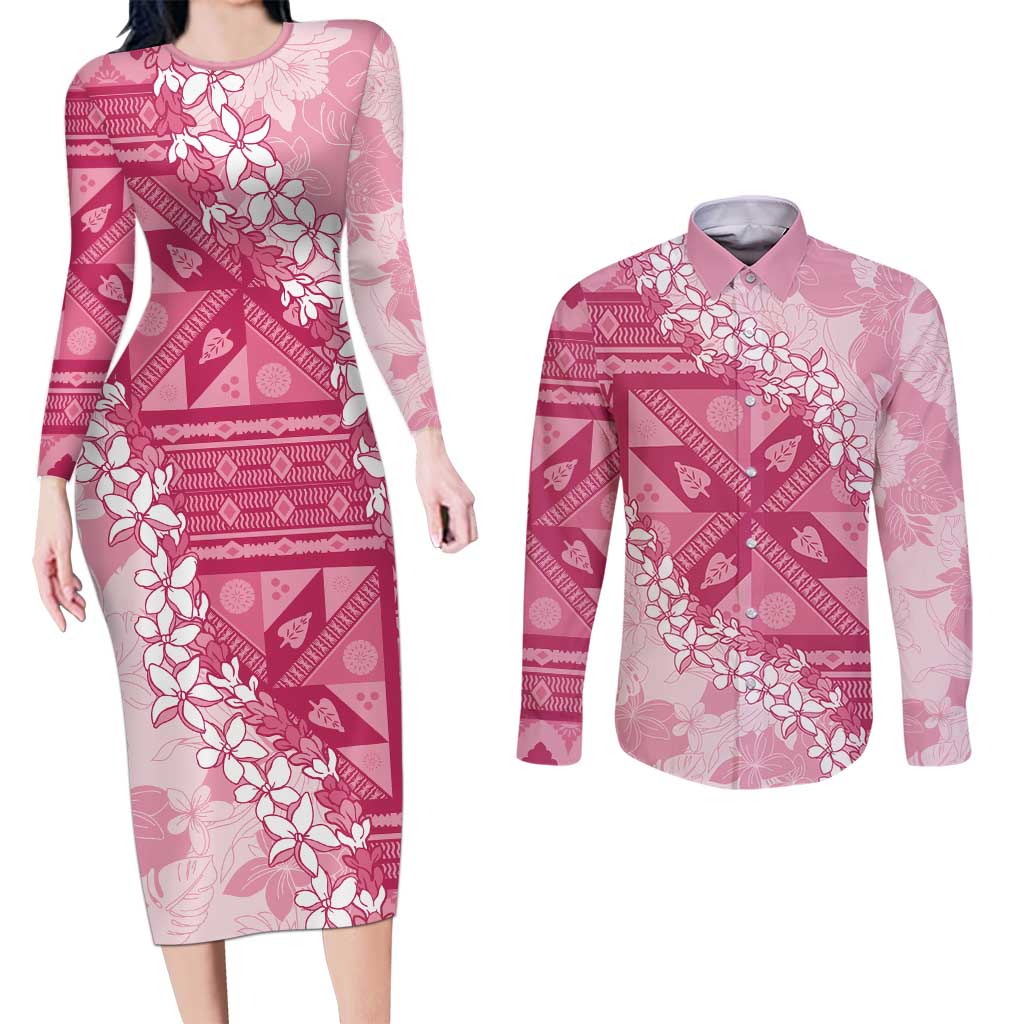 Bula Fiji Plumeria Tagimoucia Salusalu Pink Couples Matching Long Sleeve Bodycon Dress and Long Sleeve Button Shirt Kaiviti Masi LT7 Pink - Polynesian Pride