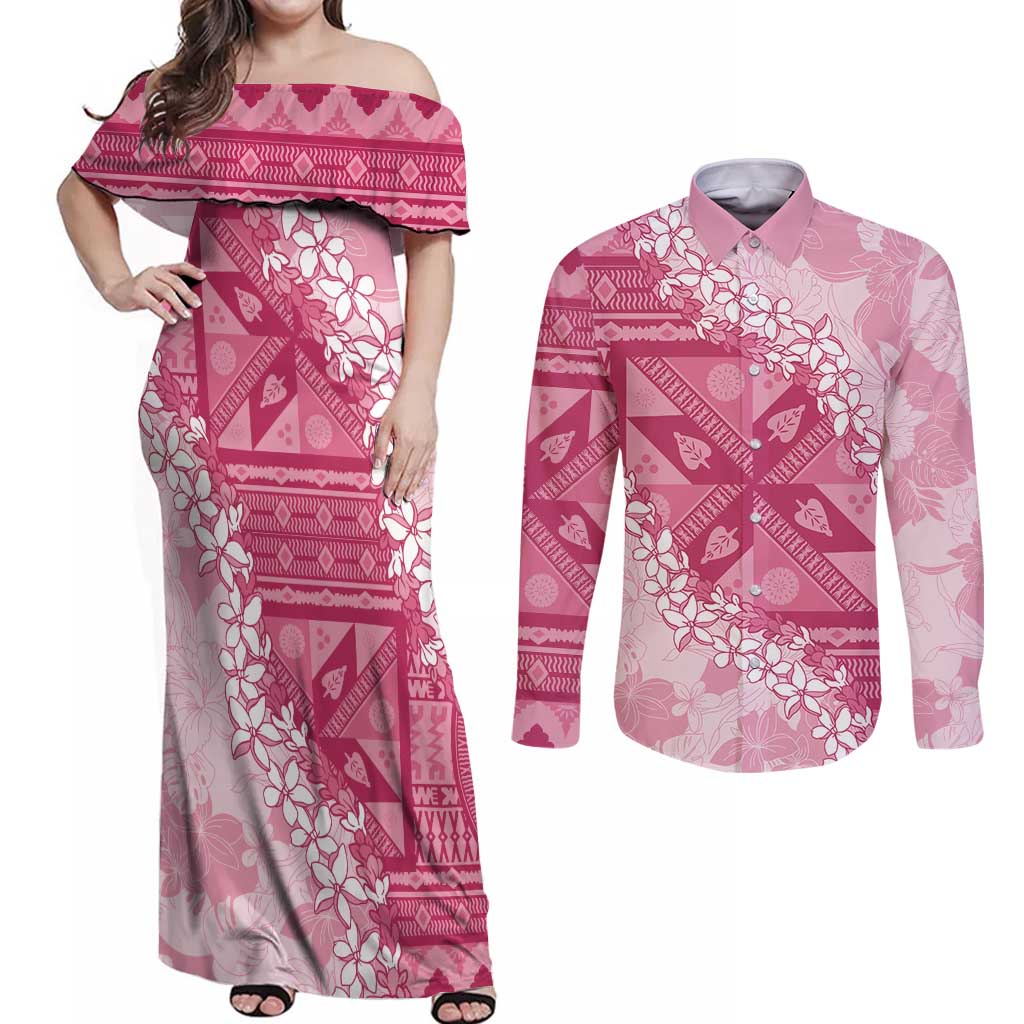 Bula Fiji Plumeria Tagimoucia Salusalu Pink Couples Matching Off Shoulder Maxi Dress and Long Sleeve Button Shirt Kaiviti Masi LT7 Pink - Polynesian Pride