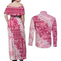 Bula Fiji Plumeria Tagimoucia Salusalu Pink Couples Matching Off Shoulder Maxi Dress and Long Sleeve Button Shirt Kaiviti Masi LT7 - Polynesian Pride