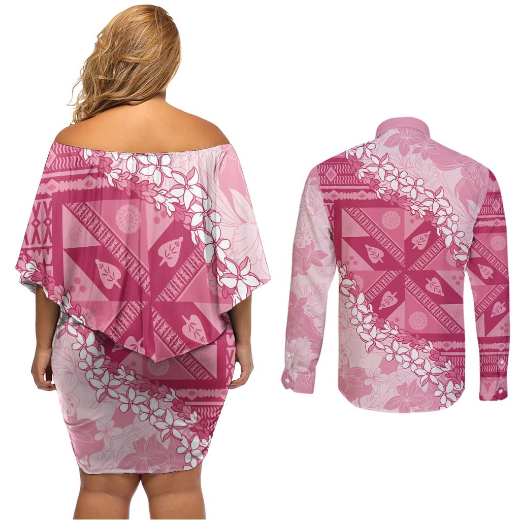 Bula Fiji Plumeria Tagimoucia Salusalu Pink Couples Matching Off Shoulder Short Dress and Long Sleeve Button Shirt Kaiviti Masi LT7 - Polynesian Pride