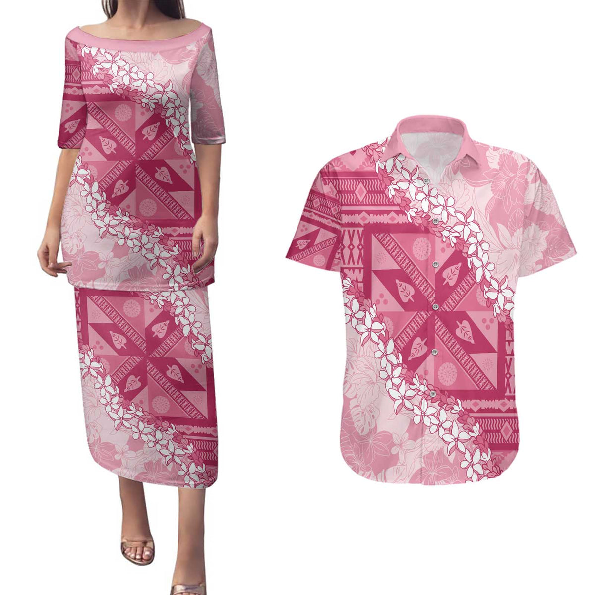 Bula Fiji Plumeria Tagimoucia Salusalu Pink Couples Matching Puletasi and Hawaiian Shirt Kaiviti Masi LT7 Pink - Polynesian Pride