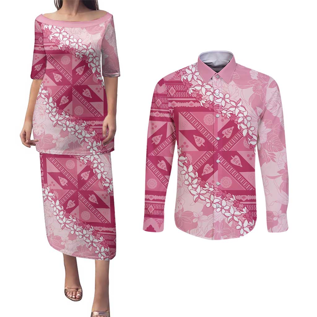 Bula Fiji Plumeria Tagimoucia Salusalu Pink Couples Matching Puletasi and Long Sleeve Button Shirt Kaiviti Masi LT7 Pink - Polynesian Pride