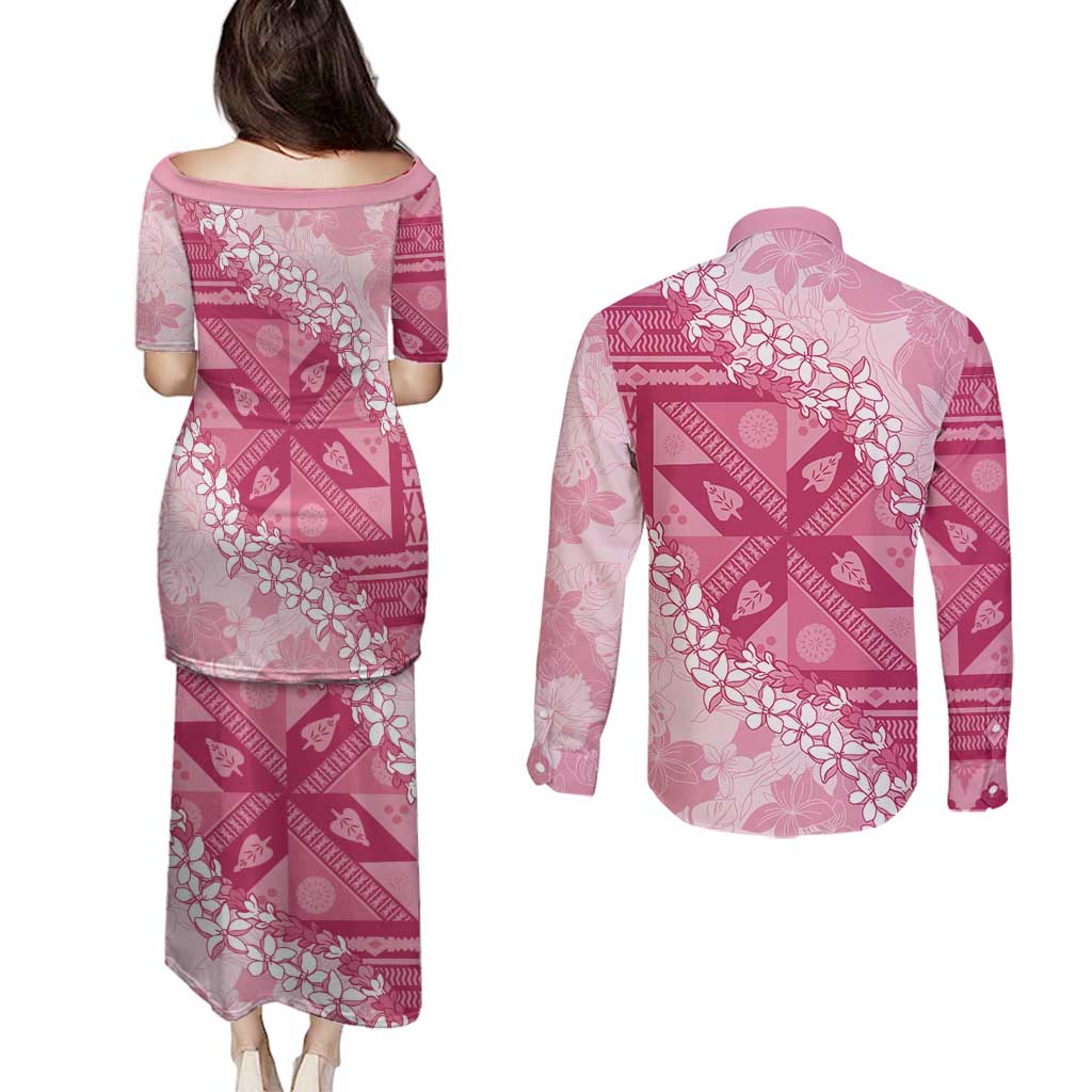 Bula Fiji Plumeria Tagimoucia Salusalu Pink Couples Matching Puletasi and Long Sleeve Button Shirt Kaiviti Masi LT7 - Polynesian Pride