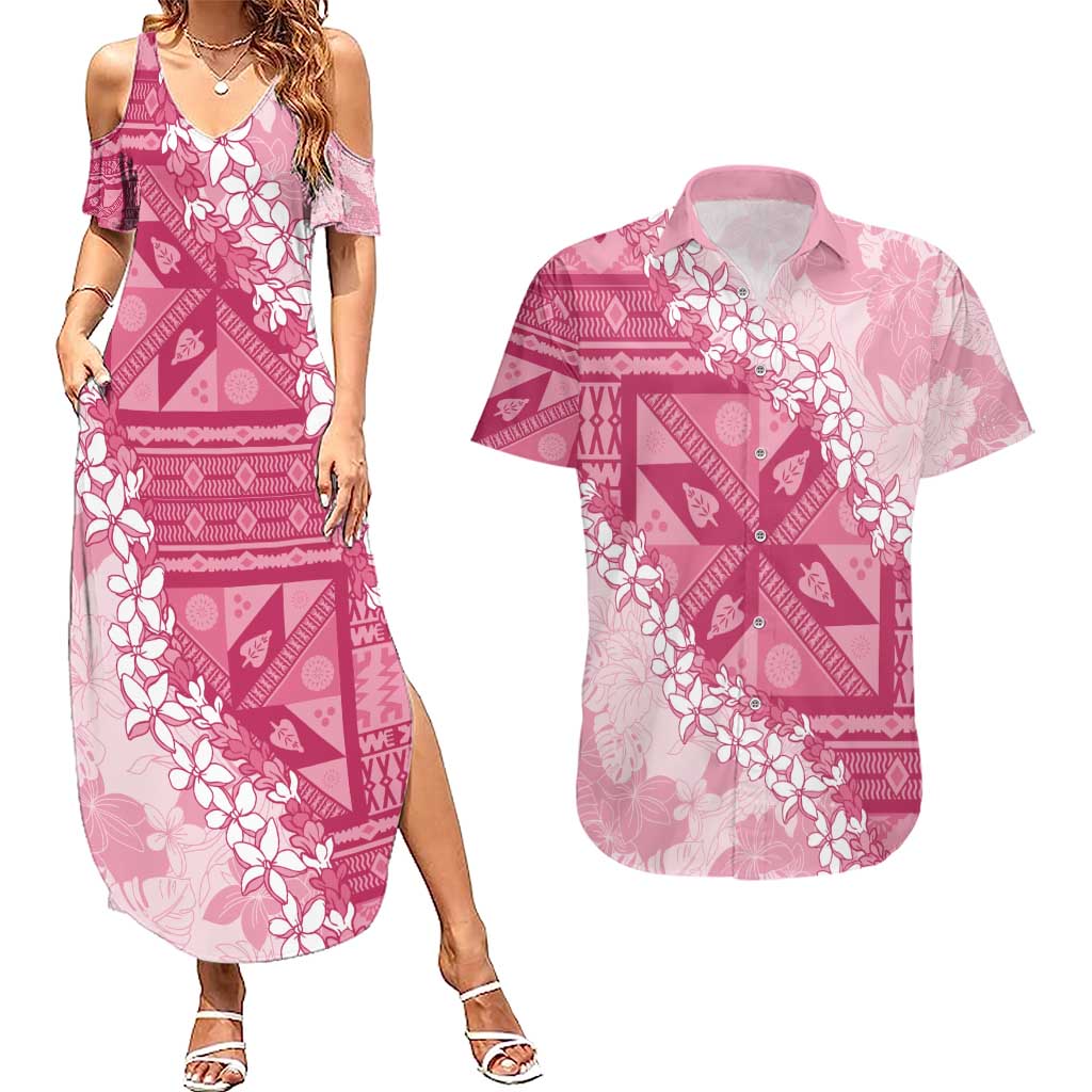 Bula Fiji Plumeria Tagimoucia Salusalu Pink Couples Matching Summer Maxi Dress and Hawaiian Shirt Kaiviti Masi LT7 Pink - Polynesian Pride