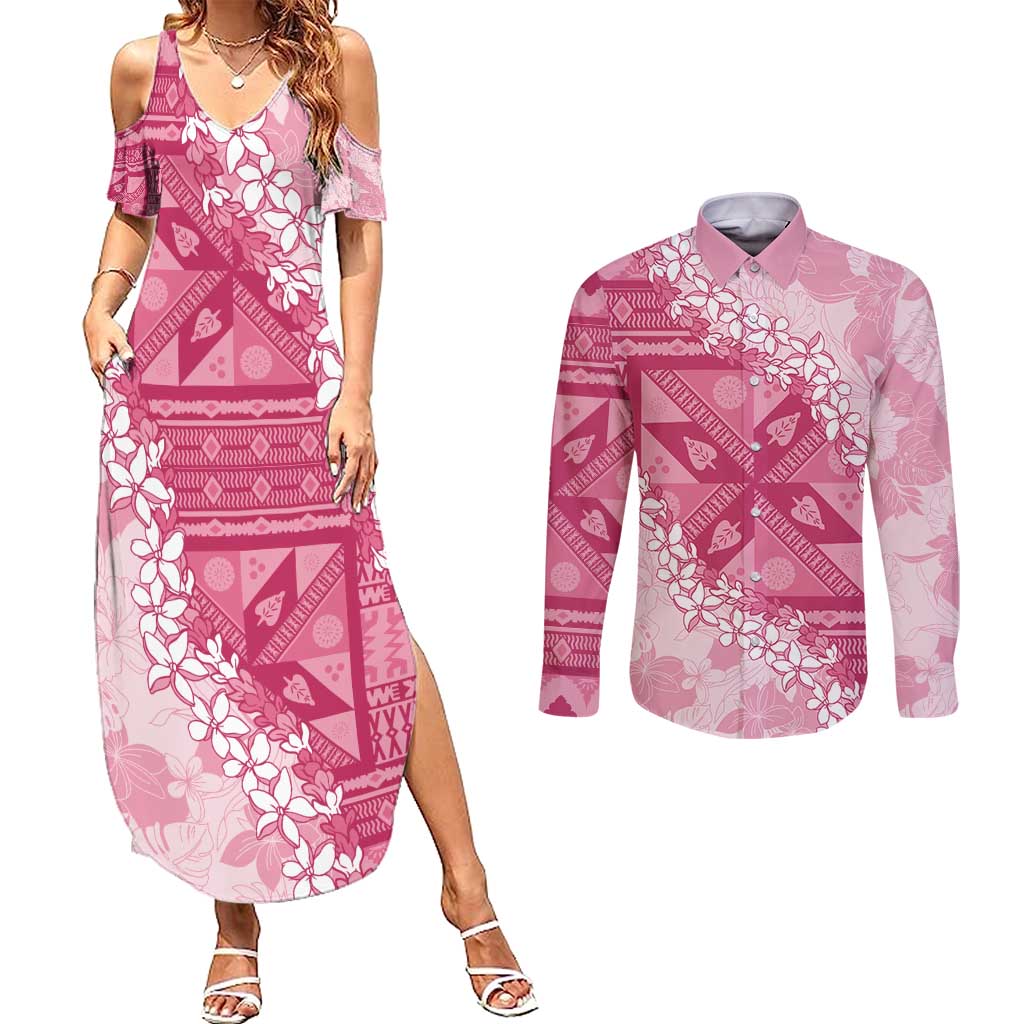 Bula Fiji Plumeria Tagimoucia Salusalu Pink Couples Matching Summer Maxi Dress and Long Sleeve Button Shirt Kaiviti Masi LT7 Pink - Polynesian Pride