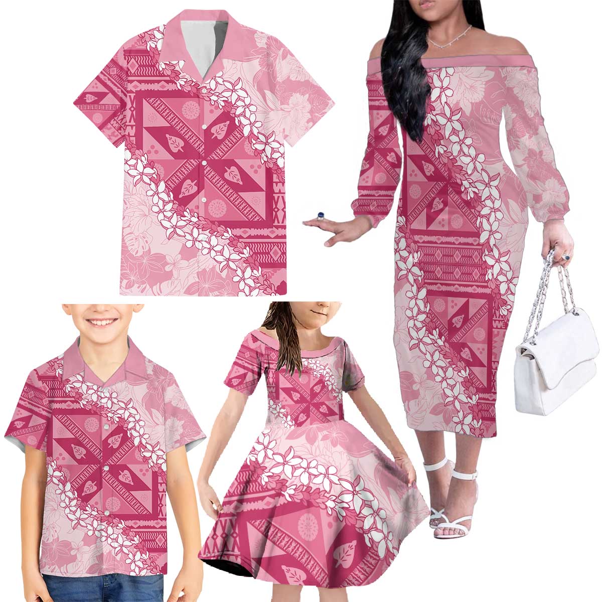 Bula Fiji Plumeria Tagimoucia Salusalu Pink Family Matching Off The Shoulder Long Sleeve Dress and Hawaiian Shirt Kaiviti Masi LT7 - Polynesian Pride