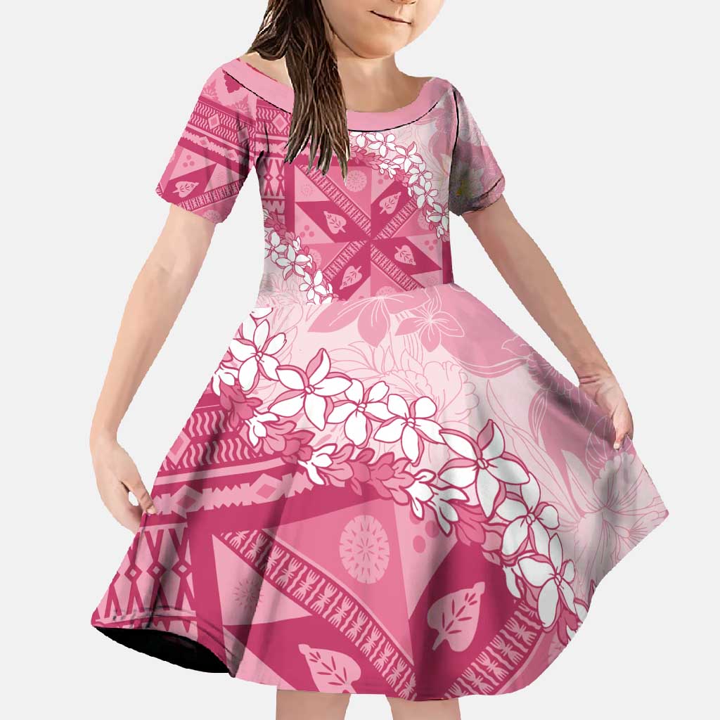 Bula Fiji Plumeria Tagimoucia Salusalu Pink Family Matching Tank Maxi Dress and Hawaiian Shirt Kaiviti Masi LT7 Daughter's Dress Pink - Polynesian Pride