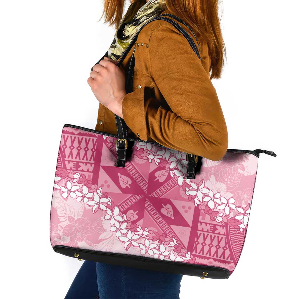 Bula Fiji Plumeria Tagimoucia Salusalu Pink Leather Tote Bag Kaiviti Masi LT7 Pink - Polynesian Pride