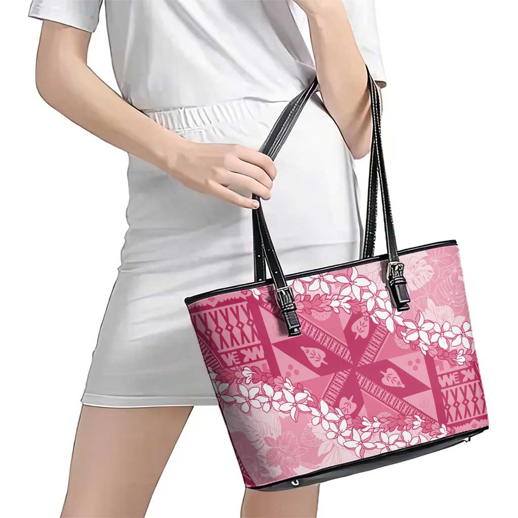 Bula Fiji Plumeria Tagimoucia Salusalu Pink Leather Tote Bag Kaiviti Masi LT7 - Polynesian Pride