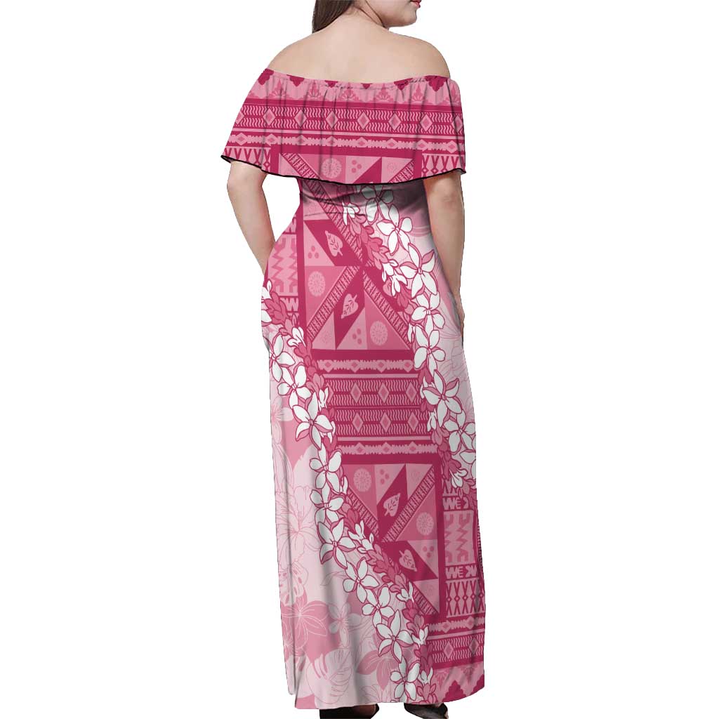 Bula Fiji Plumeria Tagimoucia Salusalu Pink Off Shoulder Maxi Dress Kaiviti Masi LT7 - Polynesian Pride