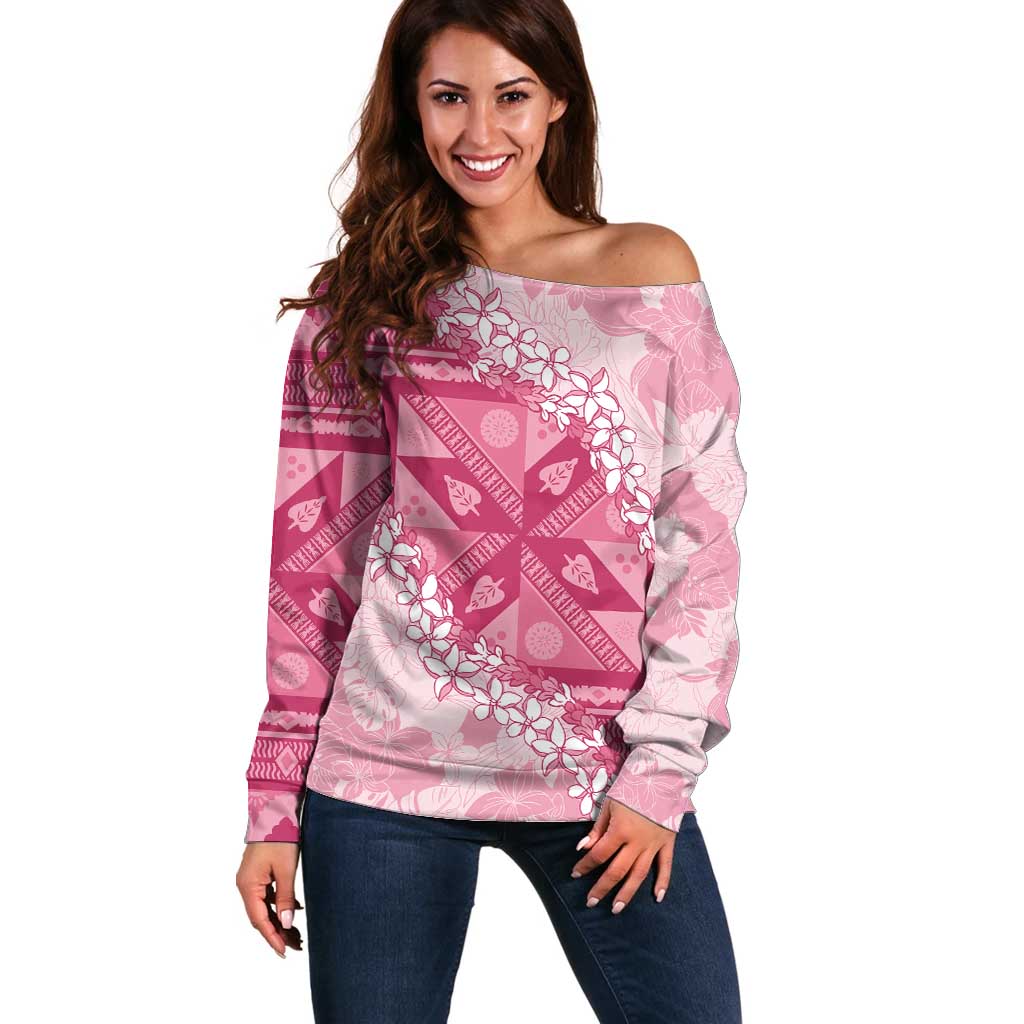 Bula Fiji Plumeria Tagimoucia Salusalu Pink Off Shoulder Sweater Kaiviti Masi LT7 Women Pink - Polynesian Pride