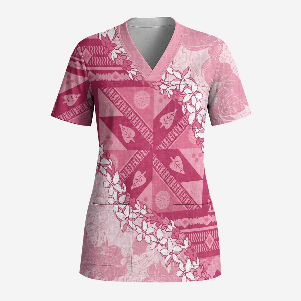 Bula Fiji Plumeria Tagimoucia Salusalu Pink Scrub Top Kaiviti Masi LT7 Adult Pink - Polynesian Pride