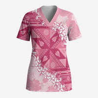 Bula Fiji Plumeria Tagimoucia Salusalu Pink Scrub Top Kaiviti Masi LT7 Adult Pink - Polynesian Pride