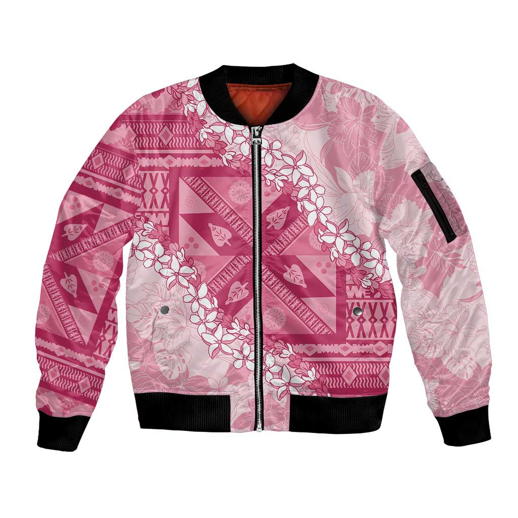 Bula Fiji Plumeria Tagimoucia Salusalu Pink Sleeve Zip Bomber Jacket Kaiviti Masi LT7 Unisex Pink - Polynesian Pride
