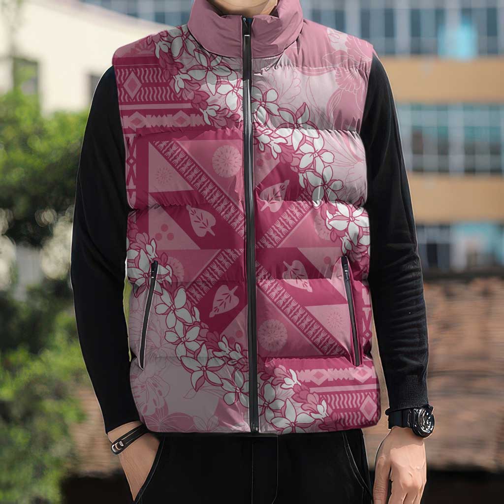 Bula Fiji Plumeria Tagimoucia Salusalu Pink Sleeveless Puffer Jacket Kaiviti Masi LT7 - Polynesian Pride
