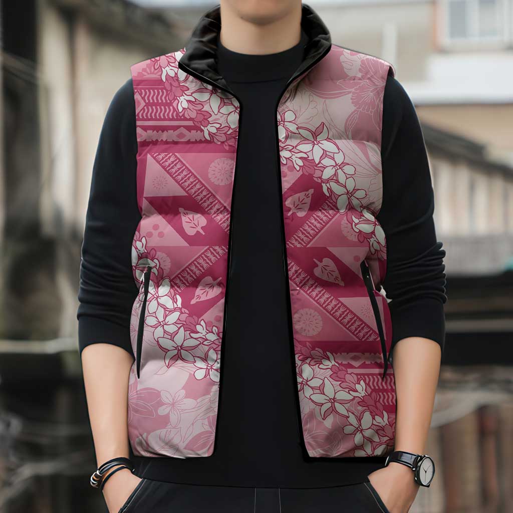 Bula Fiji Plumeria Tagimoucia Salusalu Pink Sleeveless Puffer Jacket Kaiviti Masi LT7 - Polynesian Pride