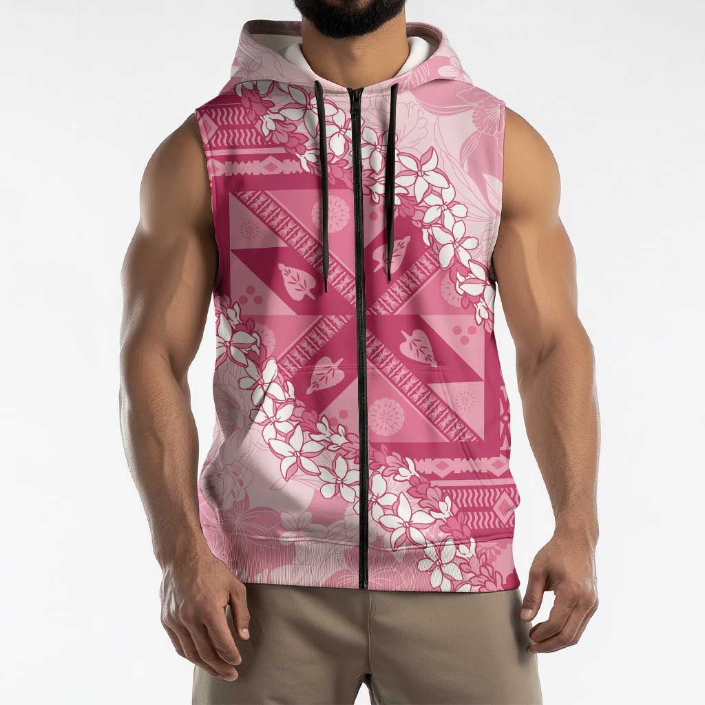 Bula Fiji Plumeria Tagimoucia Salusalu Pink Sleeveless Zip Hoodie Kaiviti Masi LT7 - Polynesian Pride
