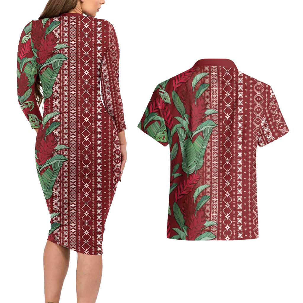 Women's Day Samoa Malu Tattoo Inspired Mix Teuila Couples Matching Long Sleeve Bodycon Dress and Hawaiian Shirt Scarlet LT7 - Polynesian Pride