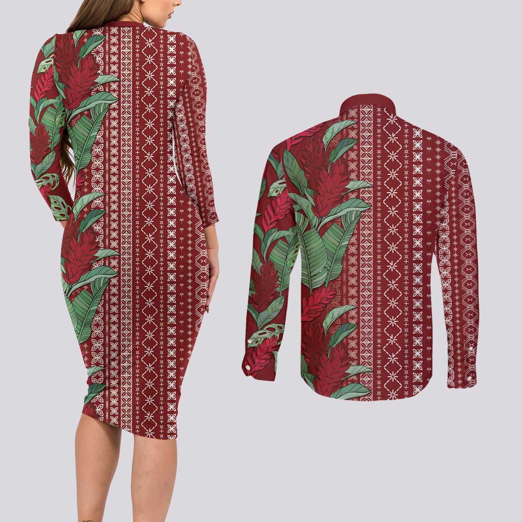 Women's Day Samoa Malu Tattoo Inspired Mix Teuila Couples Matching Long Sleeve Bodycon Dress and Long Sleeve Button Shirt Scarlet LT7 - Polynesian Pride