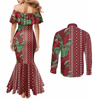 Women's Day Samoa Malu Tattoo Inspired Mix Teuila Couples Matching Mermaid Dress and Long Sleeve Button Shirt Scarlet LT7 - Polynesian Pride