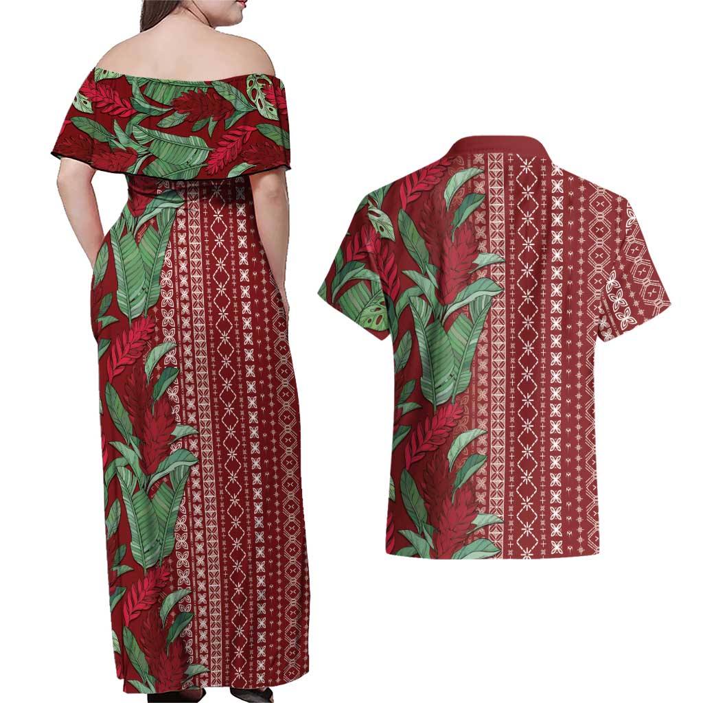 Women's Day Samoa Malu Tattoo Inspired Mix Teuila Couples Matching Off Shoulder Maxi Dress and Hawaiian Shirt Scarlet LT7 - Polynesian Pride