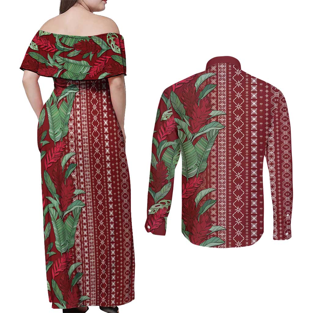 Women's Day Samoa Malu Tattoo Inspired Mix Teuila Couples Matching Off Shoulder Maxi Dress and Long Sleeve Button Shirt Scarlet LT7 - Polynesian Pride
