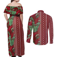 Women's Day Samoa Malu Tattoo Inspired Mix Teuila Couples Matching Off Shoulder Maxi Dress and Long Sleeve Button Shirt Scarlet LT7 - Polynesian Pride