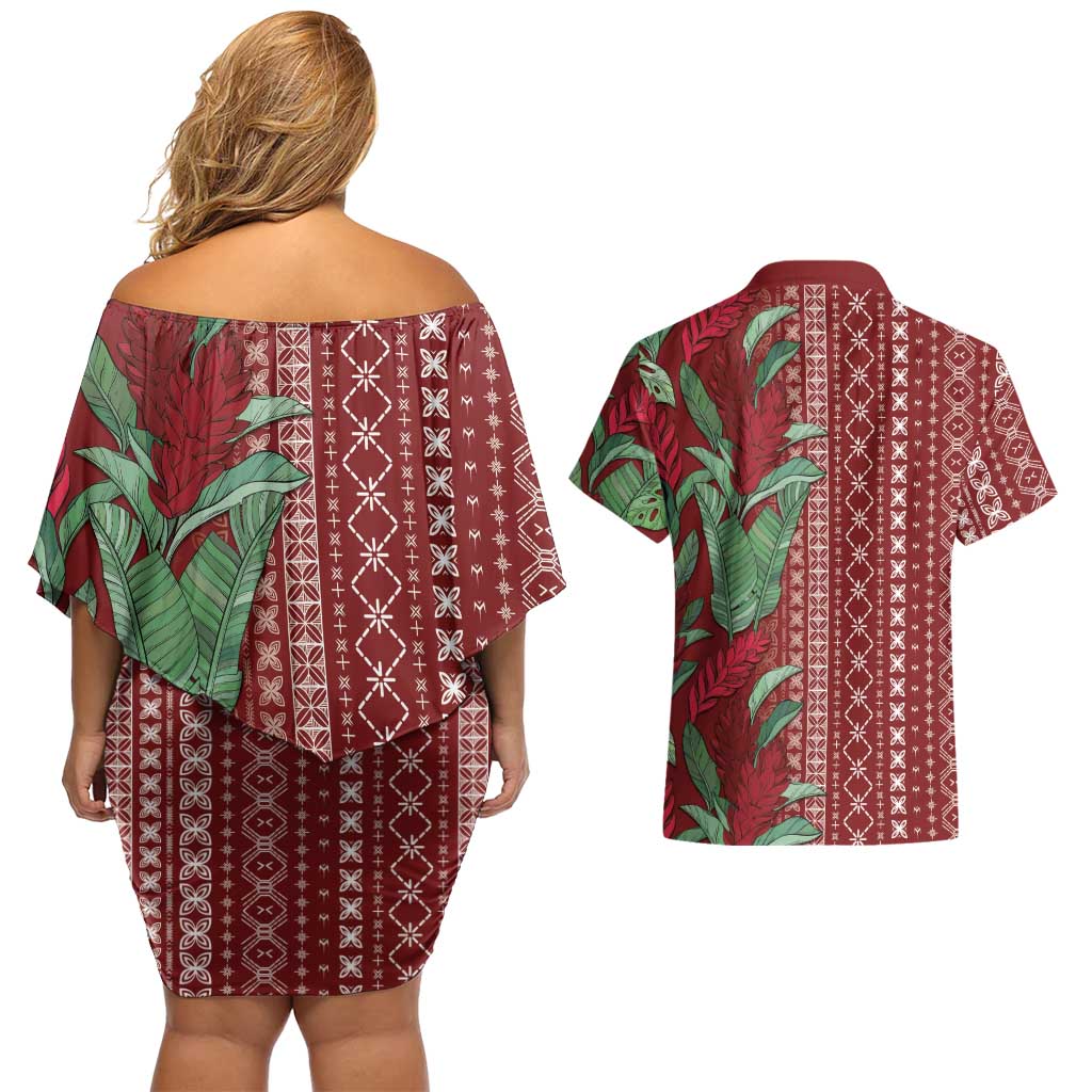Women's Day Samoa Malu Tattoo Inspired Mix Teuila Couples Matching Off Shoulder Short Dress and Hawaiian Shirt Scarlet LT7 - Polynesian Pride