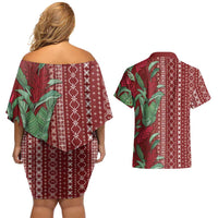 Women's Day Samoa Malu Tattoo Inspired Mix Teuila Couples Matching Off Shoulder Short Dress and Hawaiian Shirt Scarlet LT7 - Polynesian Pride