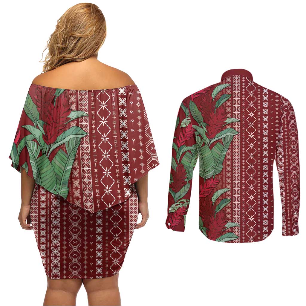 Women's Day Samoa Malu Tattoo Inspired Mix Teuila Couples Matching Off Shoulder Short Dress and Long Sleeve Button Shirt Scarlet LT7 - Polynesian Pride