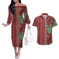 Women's Day Samoa Malu Tattoo Inspired Mix Teuila Couples Matching Off The Shoulder Long Sleeve Dress and Hawaiian Shirt Scarlet LT7 Scarlet - Polynesian Pride