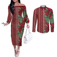 Women's Day Samoa Malu Tattoo Inspired Mix Teuila Couples Matching Off The Shoulder Long Sleeve Dress and Long Sleeve Button Shirt Scarlet LT7 Scarlet - Polynesian Pride