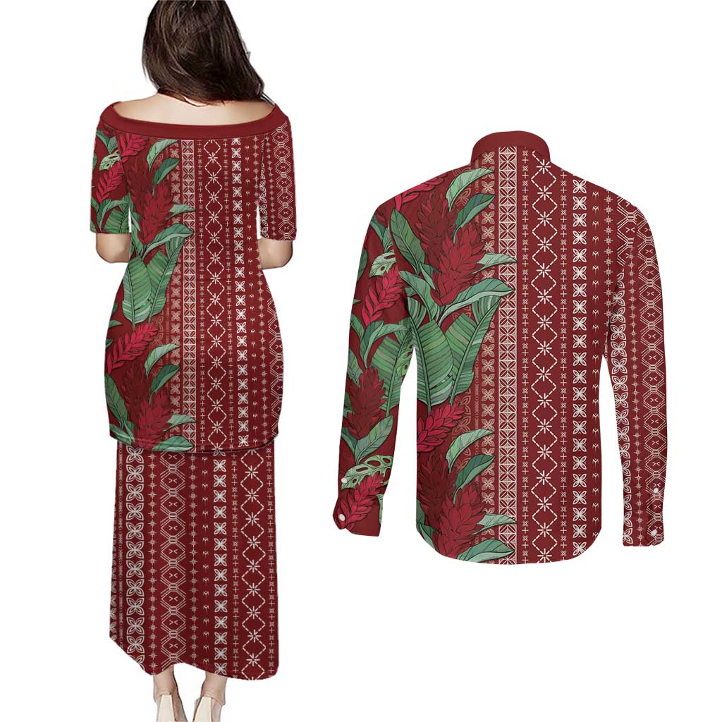 Women's Day Samoa Malu Tattoo Inspired Mix Teuila Couples Matching Puletasi and Long Sleeve Button Shirt Scarlet