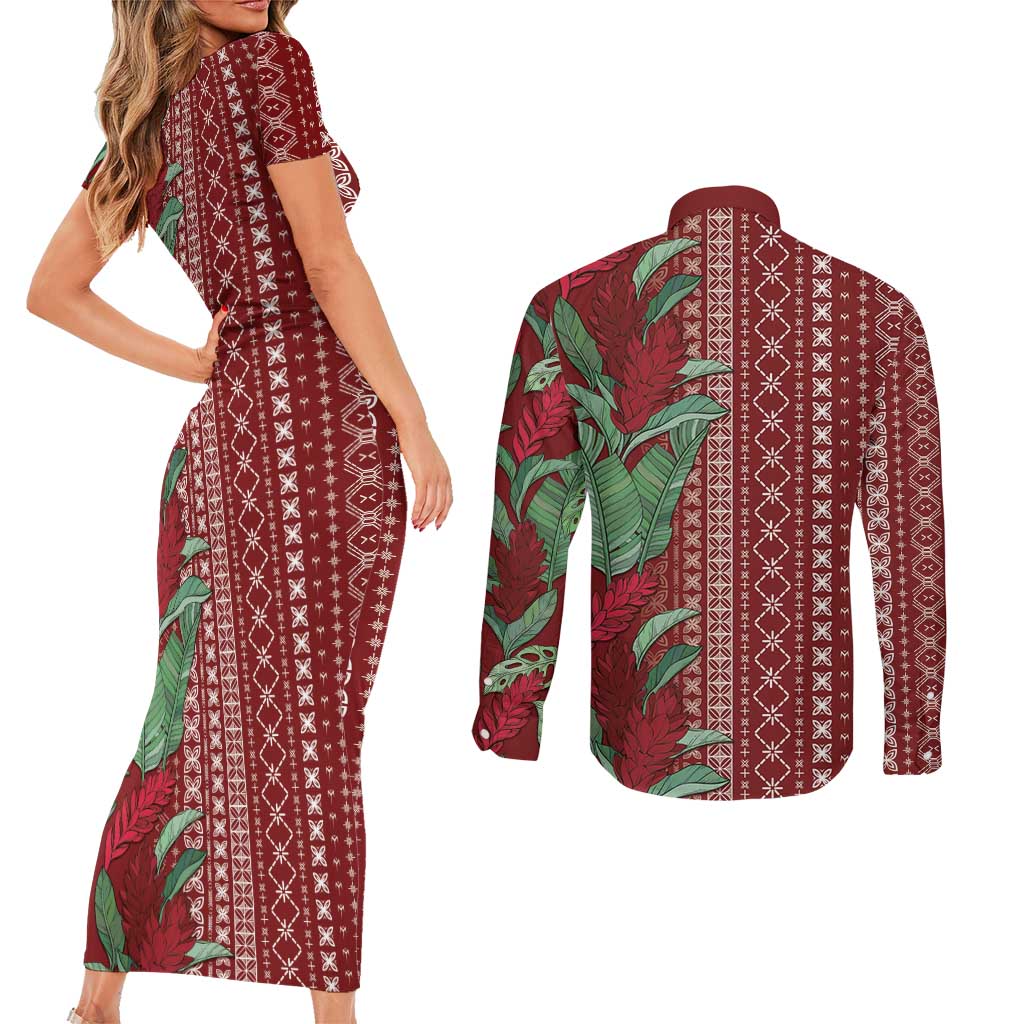Women's Day Samoa Malu Tattoo Inspired Mix Teuila Couples Matching Short Sleeve Bodycon Dress and Long Sleeve Button Shirt Scarlet LT7 - Polynesian Pride