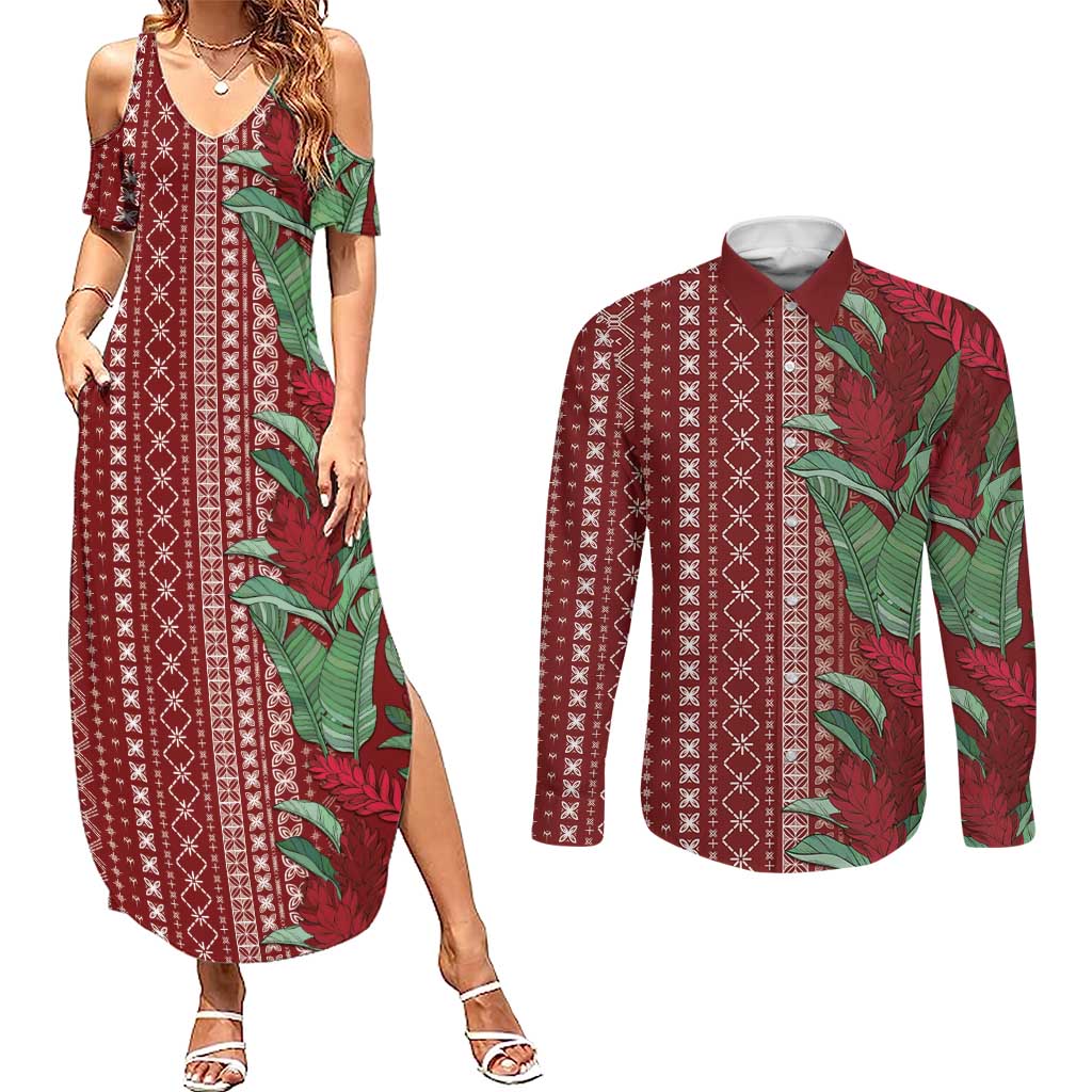 Women's Day Samoa Malu Tattoo Inspired Mix Teuila Couples Matching Summer Maxi Dress and Long Sleeve Button Shirt Scarlet LT7 Scarlet - Polynesian Pride