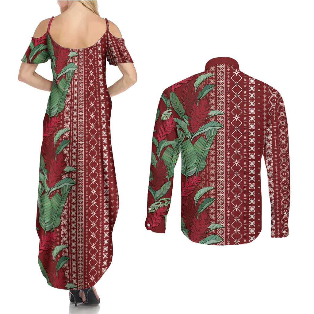 Women's Day Samoa Malu Tattoo Inspired Mix Teuila Couples Matching Summer Maxi Dress and Long Sleeve Button Shirt Scarlet LT7 - Polynesian Pride
