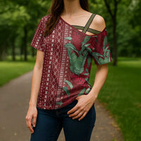 Women's Day Samoa Malu Tattoo Inspired Mix Teuila Cross Shoulder Shirt Scarlet
