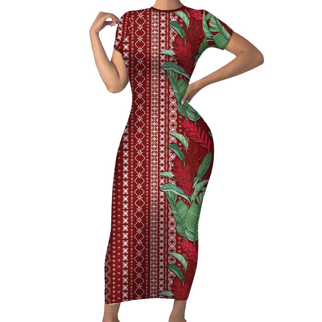 Women's Day Samoa Malu Tattoo Inspired Mix Teuila Short Sleeve Bodycon Dress Scarlet LT7 Long Dress Scarlet - Polynesian Pride